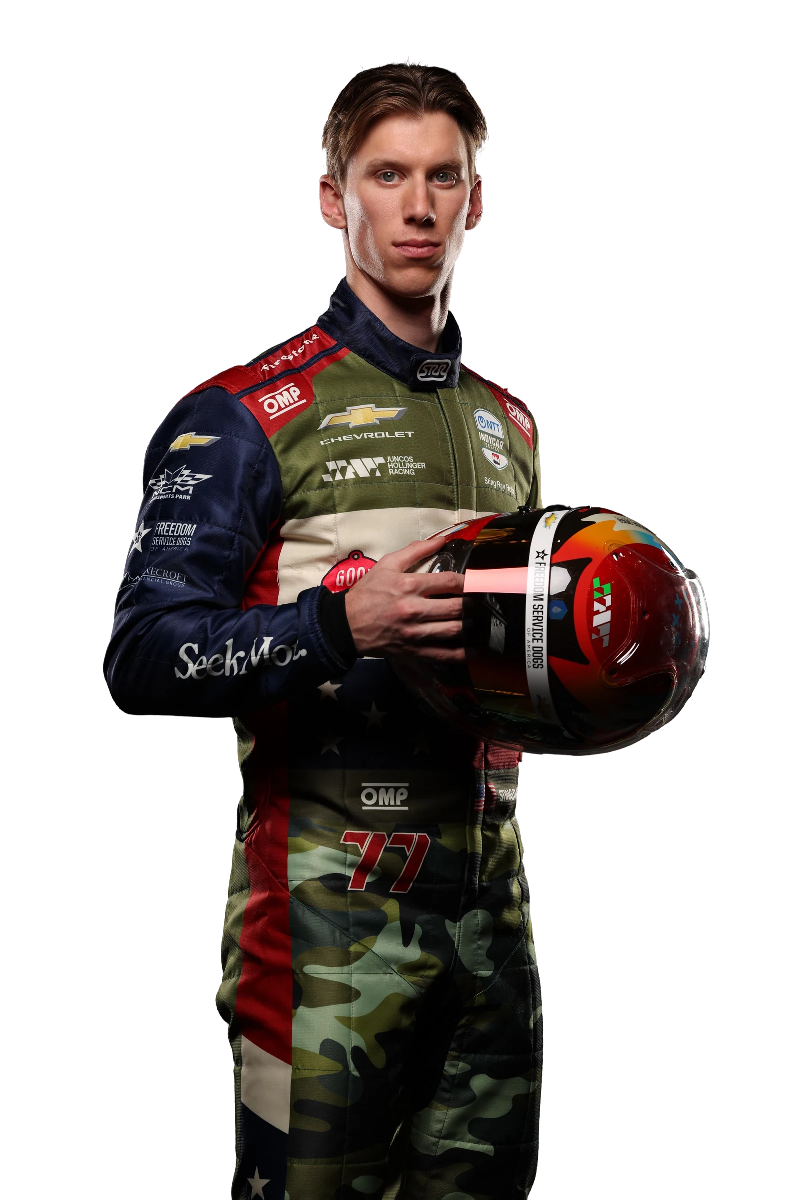 Sting Ray Robb, Professional IndyCar Driver, holding his #77 helmet